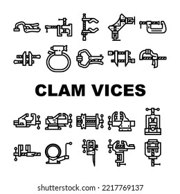 clamp vice grip tool metal icons set vector. equipment vise, steel screw, construction hold, industry compress, industrial hold clamp vice grip tool metal black contour illustrations