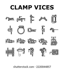 clamp vice grip tool metal icons set vector. equipment vise, steel screw, construction hold, industry compress, industrial hold clamp vice grip tool metal black contour illustrations