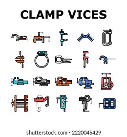 clamp vice grip tool metal icons set vector. equipment vise, steel screw, construction hold, industry compress, industrial hold clamp vice grip tool metal color line illustrations