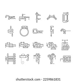 clamp vice grip tool metal icons set vector. equipment vise, steel screw, construction hold, industry compress, industrial hold clamp vice grip tool metal black contour illustrations