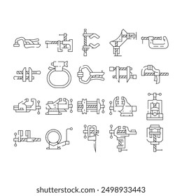 clamp vice grip tool metal icons set vector. equipment vise, steel screw, construction hold, industry compress, industrial hold clamp vice grip tool metal black contour illustrations