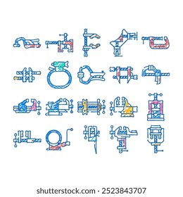 pinça ferramenta de alça de alça ícones de metal doodle definir vetor. linha de esboço equipamento vise, parafuso de aço, retenção de construção, indústria compress, fixação industrial pinça ferramenta de alça ferramenta de alça de metal ilustrações de cor