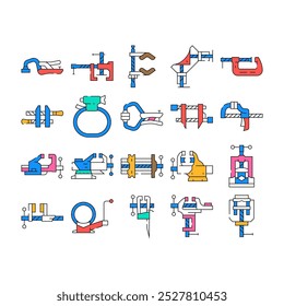 clamp vice grip tool metal icons set vector. equipment vise, steel screw, construction hold, industry compress, industrial hold clamp vice grip tool metal color Contour Illustrations