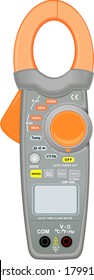 Clamp-on Meter up to 1000 A, with lcd and wheel for changing working modes. Frequency, temperature, resistance and voltage measurement instrument. Vector illustration.
