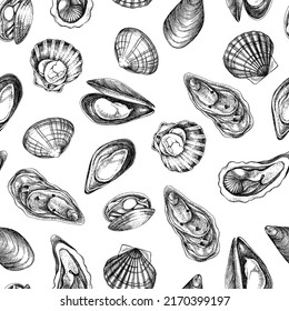 Clams, mussels pattern. Seafood background