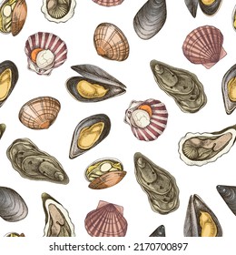 Clams, mussels pattern. Seafood background