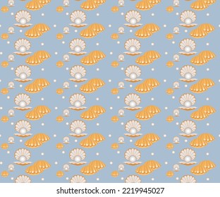 Clams and Pearl shape vector repeat pattern with pastel blue background.
