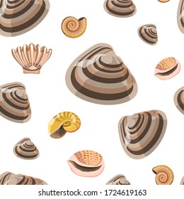 Clams and shells seamless pattern, marine and nautical theme. Decorative conches and exotic creatures, seashore organisms. Aquarium decor, sealife or tropical topic print. Vector in flat style