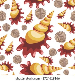 Clams and shells seamless pattern, nautical beach theme of print. Cockleshell and scallops, marine dwellers. Aquatic decor for aquarium or coastal decoration. Exotic tropical set, vector in flat