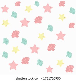 Clams and starfish seamless background pattern vector over white background