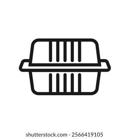 Clamshell hinged lid container for take out food. Line icon design for web purpose. Editable stroke. Take away box for burger, sandwich, cake. Vector illustration isolated on white background