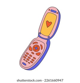 Clamshell phone in y2k, 1990s, 1980s graphic design. Comic element for sticker, poster, graphic print, bullet journal cover, card. Bright colors. Flat Vector illustration.