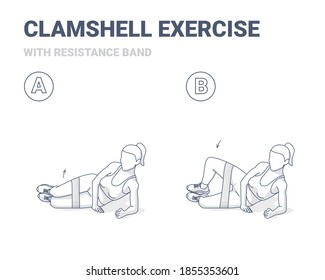 Clamshell with Resistance Band Home Workout Sport Exercise Guidance. Outline Concept of Woman Doing Hip Abduction With Rubber Loop Exercise. Workout for Glutes Training and Shaped Buttocks at Home