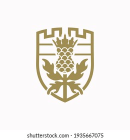 diseño del logotipo del clan, con el concepto de hojas, coronas y frutos de piña