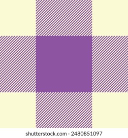 Clan vector pattern textile, france plaid seamless background. Vichy fabric texture tartan check in light goldenrod yellow and purple colors palette.