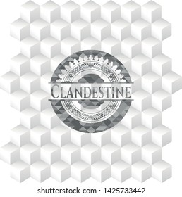Clandestine grey badge with geometric cube white background