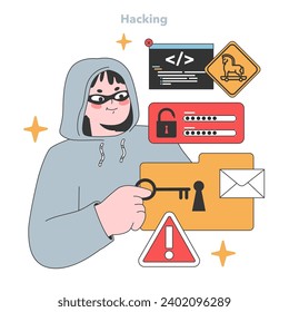 A clandestine hacker in a hoodie with sneaky eyes effortlessly bypasses security, gaining unauthorized access to digital files, warning signs in tow. Flat vector illustration