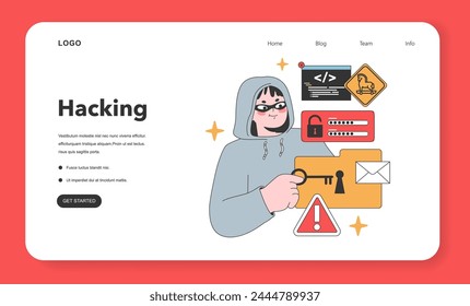 A clandestine hacker in a hoodie with sneaky eyes effortlessly bypasses security, gaining unauthorized access to digital files, warning signs in tow. Flat vector illustration