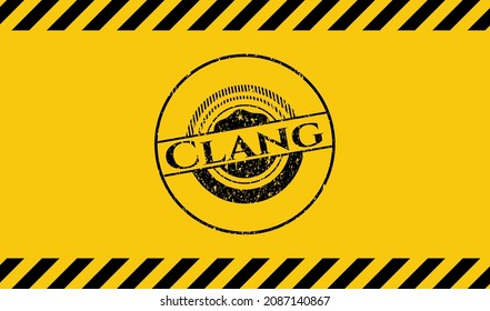 Clang black grunge emblem, yellow warning sign. Vector Illustration. Detailed. 