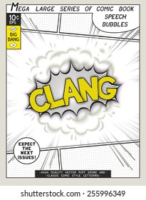 Clang. Explosion in comic style with lettering and realistic puffs smoke. 3D pop art speech bubble. Vector graphics CMYK