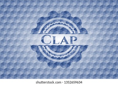 Clap blue badge with geometric background.