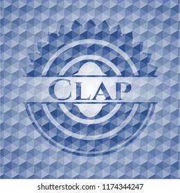 Clap blue badge with geometric pattern.