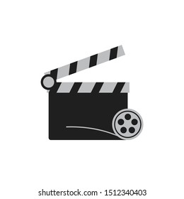 Clap board for cinema with cinematic tape in the middle and white background