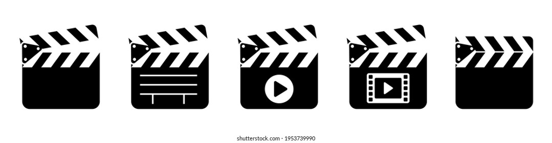 Clap board icons set. Open and closed movie film icon. Filmmaking signs isolated on white background. Vector illustration.