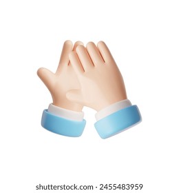 Clap hands gesture 3D icon. Render cartoon hands with blue sleeve applauds, palm rubbing or clapping. Congratulation, appreciation or excitement arm symbol. Positive emotion emoji