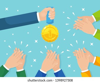 Clap of the hands isolated on background. Businessman clapping to winner. Man holds gold medal Applause, cheer. Good opinion, positive feedback. Congratulate with successful deal Vector flat design