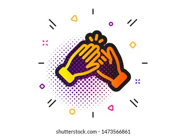 Clap sign. Halftone circles pattern. Clapping hands icon. Victory gesture symbol. Classic flat clapping hands icon. Vector