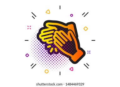 Clap sign. Halftone circles pattern. Clapping hands icon. Victory gesture symbol. Classic flat clapping hands icon. Vector