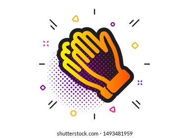Clap sign. Halftone circles pattern. Clapping hands icon. Victory gesture symbol. Classic flat clapping hands icon. Vector