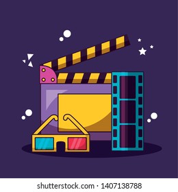 clapboard 3d glasses strip film cinema movie vector illustration