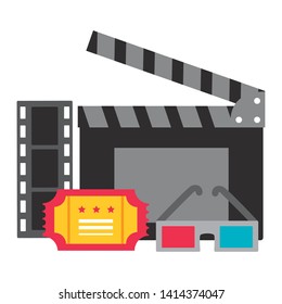 clapboard 3d glasses strip film cinema movie vector illustration