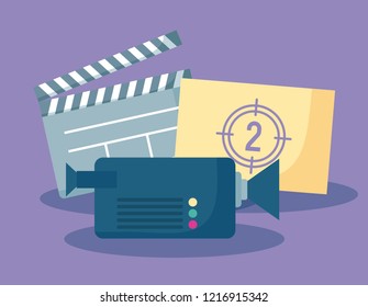 clapboard with camera and counter of cinema