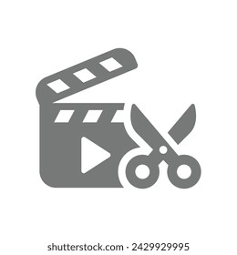 Clapboard or clapperboard and scissors icon. Director, film and movie editing symbol.