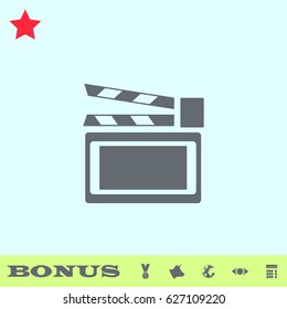 Clapboard icon flat. Grey pictogram on blue background. Vector illustration symbol and bonus buttons medal, cow, earth, eye, calculator