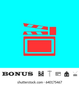 Clapboard icon flat. Red pictogram on blue background. Vector illustration symbol and bonus buttons Music center, corkscrew, credit card, house, drum