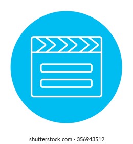 Clapboard line icon for web, mobile and infographics. Vector white icon on the light blue circle isolated on white background.