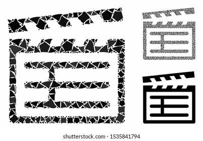 Clapboard mosaic of humpy elements in various sizes and color tinges, based on Clapboard icon. Vector uneven elements are composed into collage. Clapboard icons collage with dotted pattern.