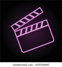 Clapboard neon icon. Clapperboard glowing symbol vector illustration. Movie, filmmaking illuminated sign isolated clipart. Cinematography. Director equipment sticker, design element