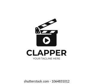 Clapboard and play sign logo template. Clapper board vector design. Open clapperboard logotype