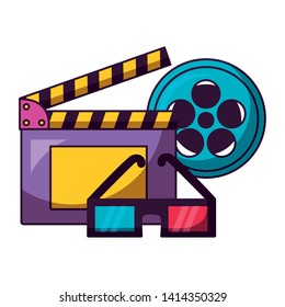 clapboard reel strip 3d glasses cinema movie vector illustration