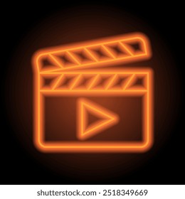 Clapboard simple icon, vector. Flat design. Orange neon on black background.ai