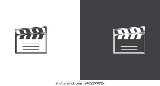 Zeichenbrett, Vektorsymbol. Film, Film, Kino-Action-Szene geschnitten klapperboard Symbol, Filmelemente. Einfache Filmbeschilderung im Kino. Einziger Kinofilm auf schwarz-weißem Hintergrund.