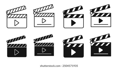 Clapboard vector icon set. Film, movie, cinema action scene cut clapperboard symbol in black color. Perfect for representing filmmaking