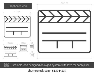 Clapboard vector line icon isolated on white background. Clapboard line icon for infographic, website or app. Scalable icon designed on a grid system.