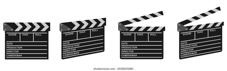 clapper board or clapperboard vector set. close and open clapper board with different view. vector illustration isolated white background.