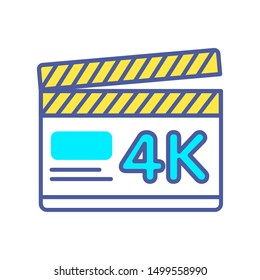 Clapper board color line icon. 4K ultra HD resolution movie shooting. Cinematograph concept. Pictogram for web page, mobile app, promo. UI/UX screen. User interface display. Editable stroke.